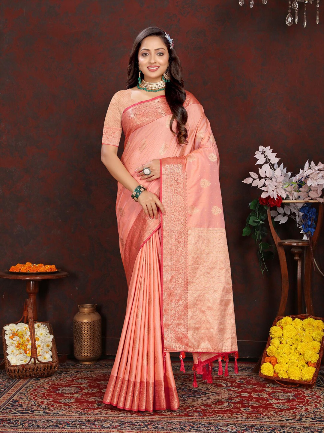 

PATIALAPICKS Ethnic Motifs Woven Design Zari Pure Silk Paithani Saree, Peach