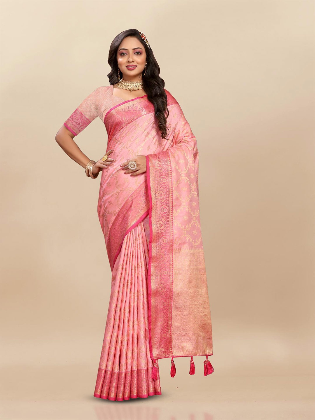 

PATIALAPICKS Ethnic Motifs Woven Design Zari Pure Silk Paithani Saree, Pink