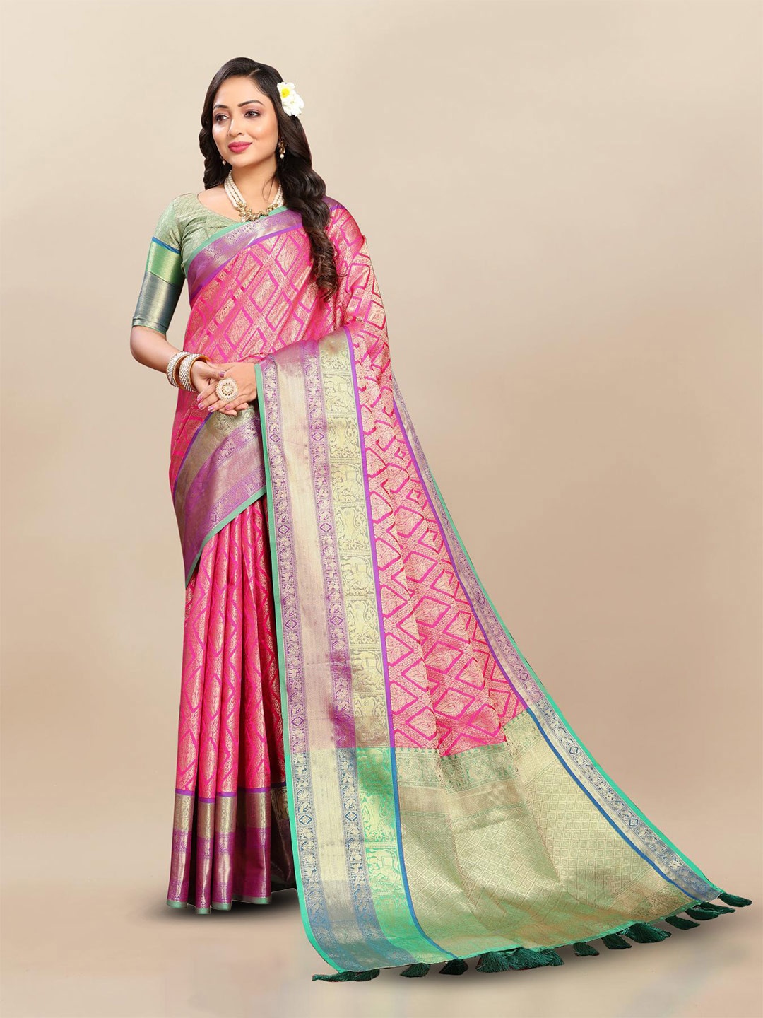 

PATIALAPICKS Checked Zari Pure Silk Paithani Saree, Pink