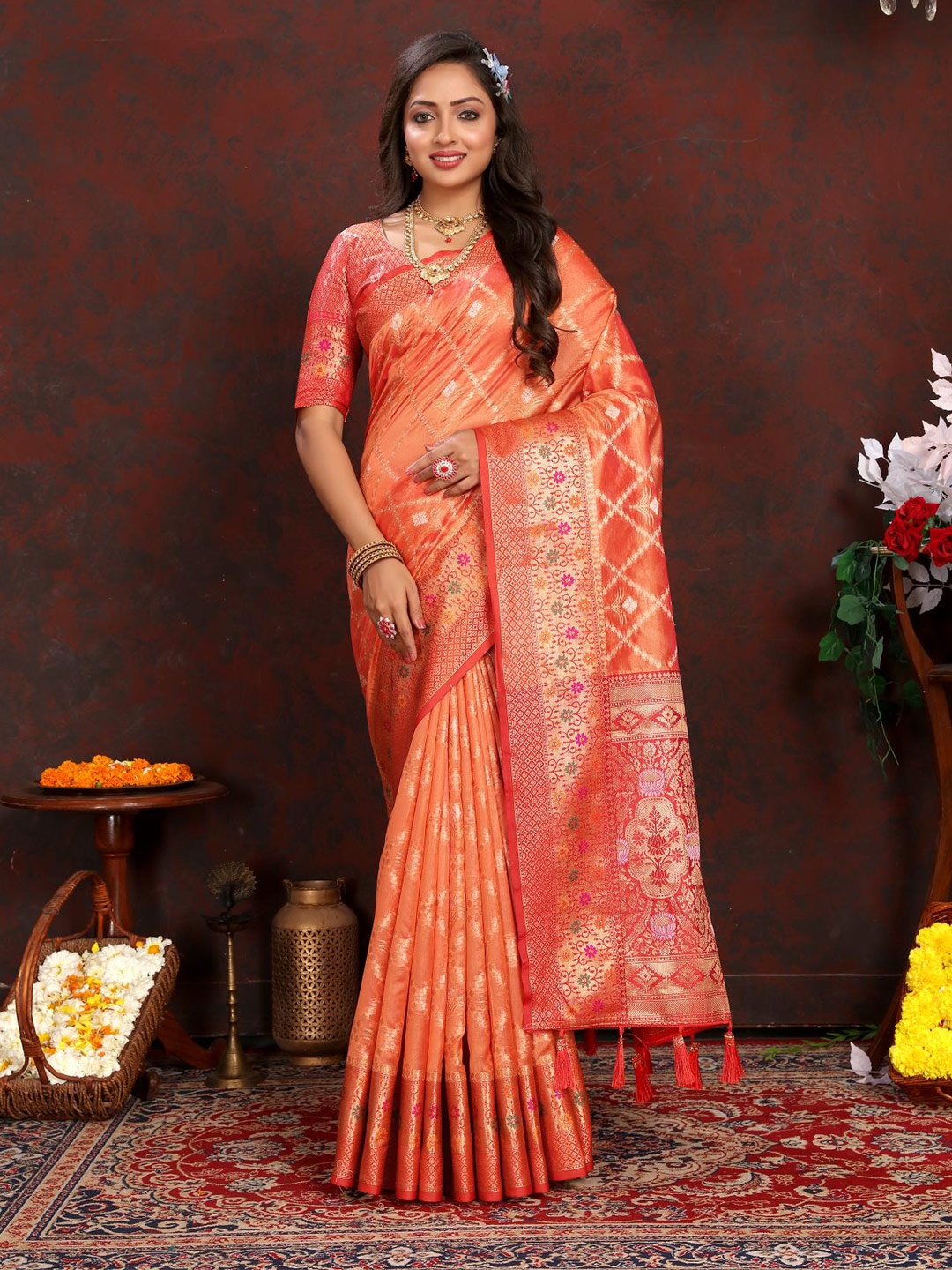 

PATIALAPICKS Floral Woven Design Zari Organza Paithani Saree, Orange