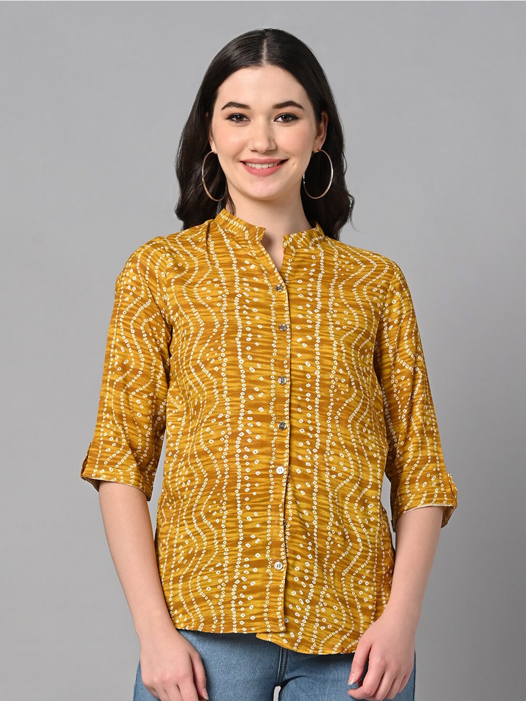 

KALINI Print Mandarin Collar Shirt Style Top, Mustard