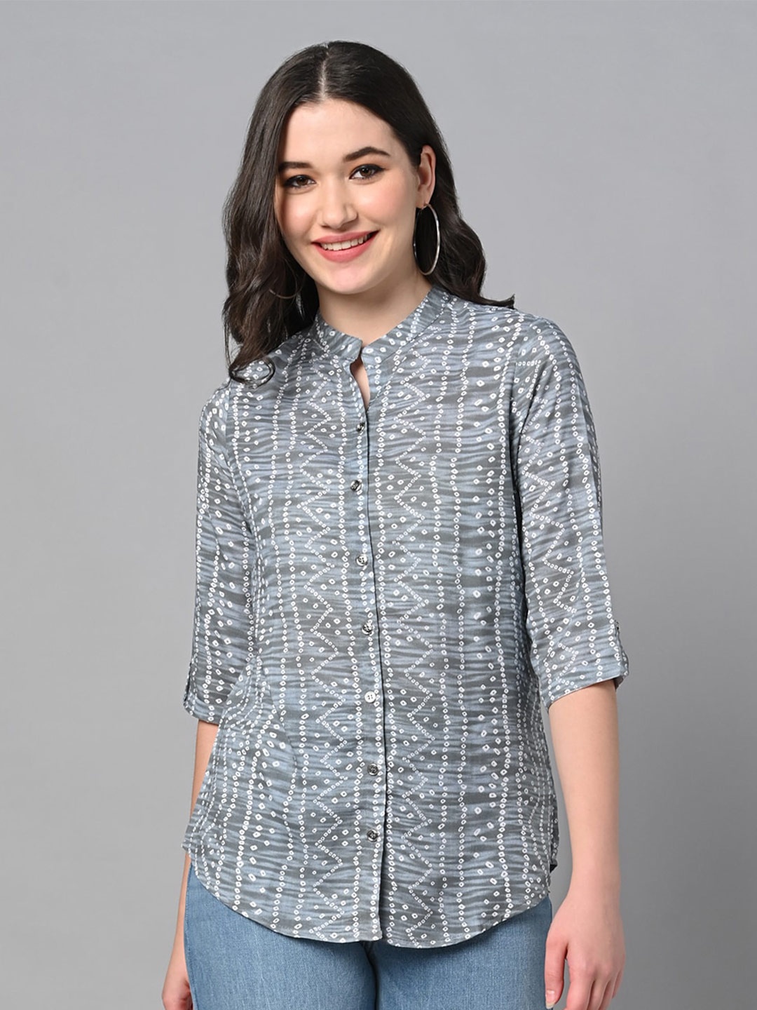 

KALINI Print Mandarin Collar Shirt Style Top, Grey