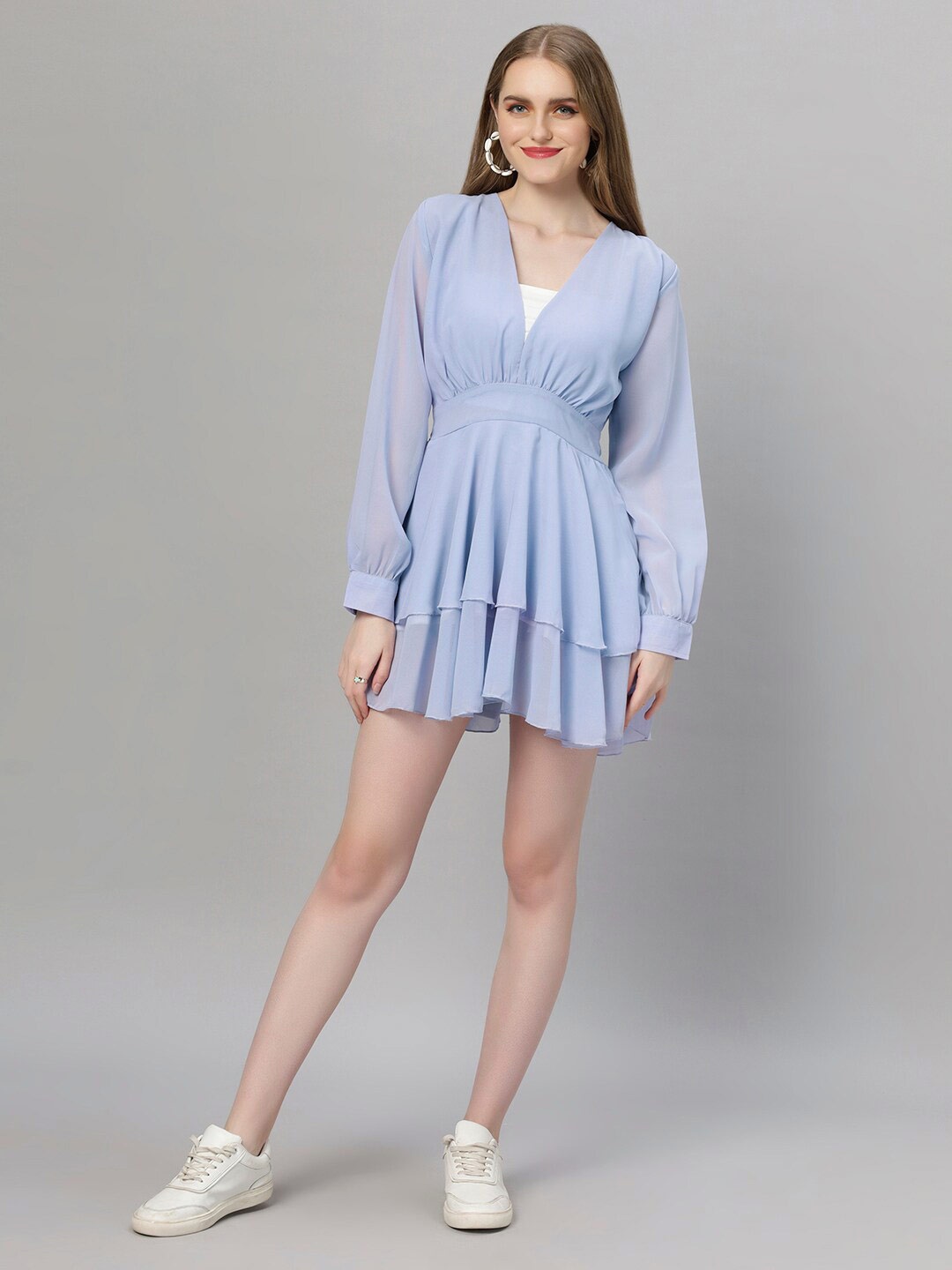 

Ashtag Women Puff Sleeve Georgette Fit & Flare Mini Dress, Turquoise blue