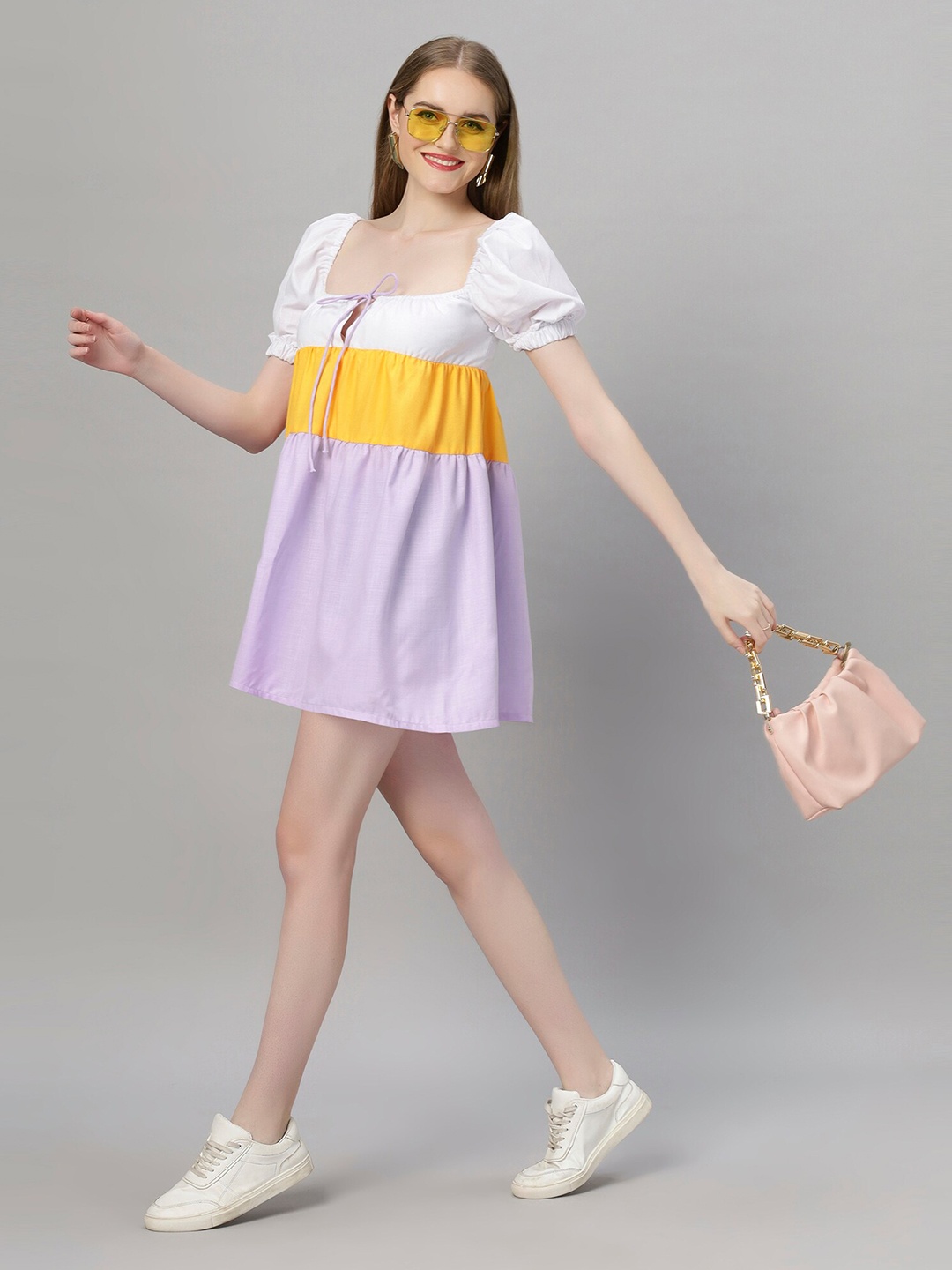 

Ashtag Colourblocked Square Neck Puff Sleeves A-Line Mini Dress, White