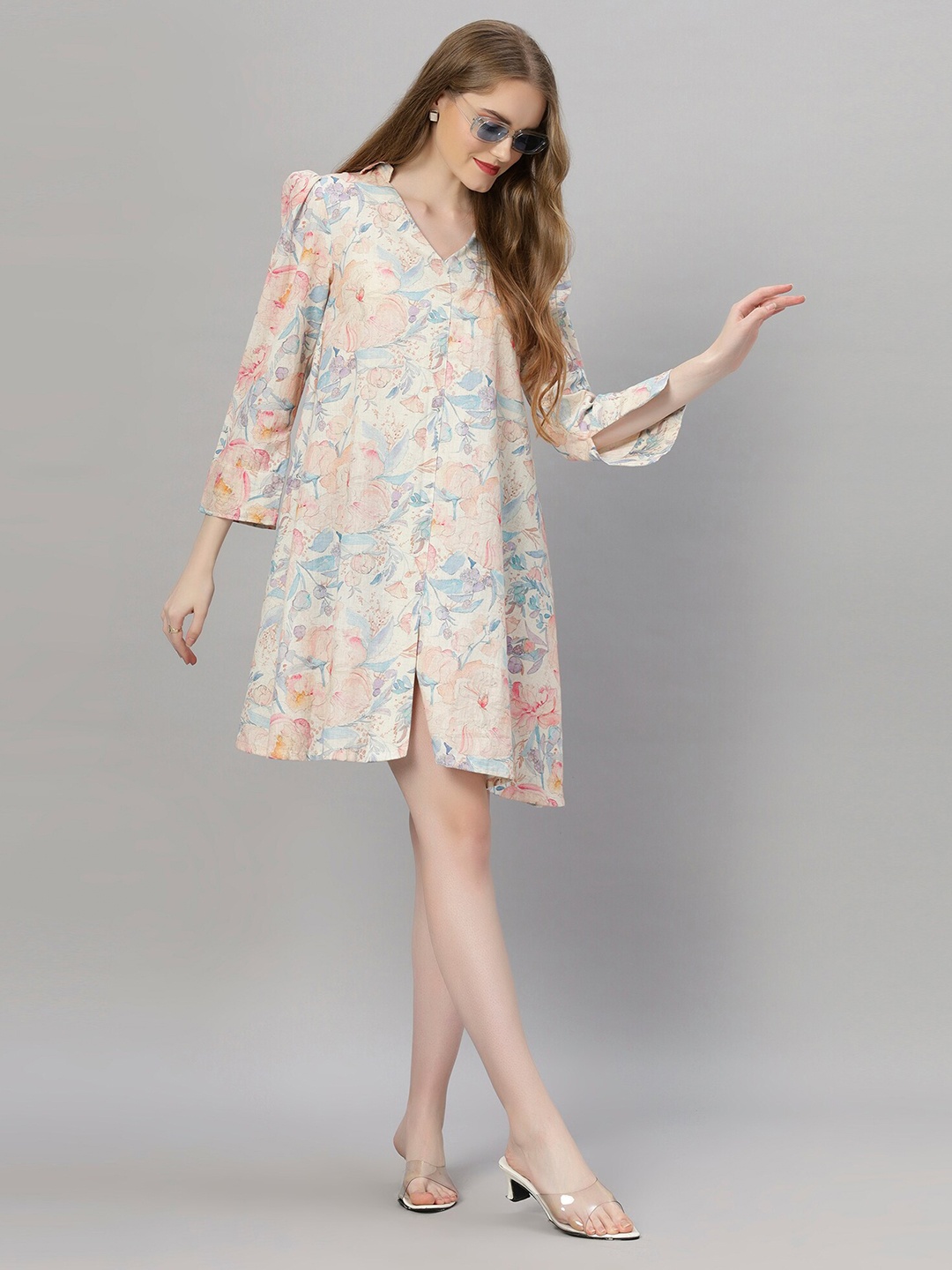 

Ashtag Floral Print Linen A-Line Dress, White