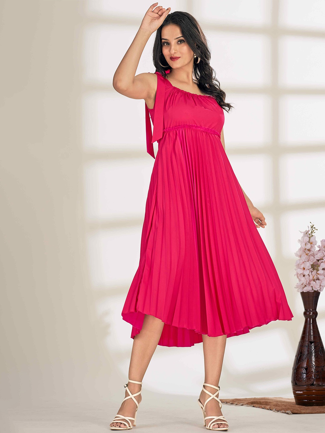 

TextileNow Women Pleated Shoulder Tie-ups Dress, Magenta