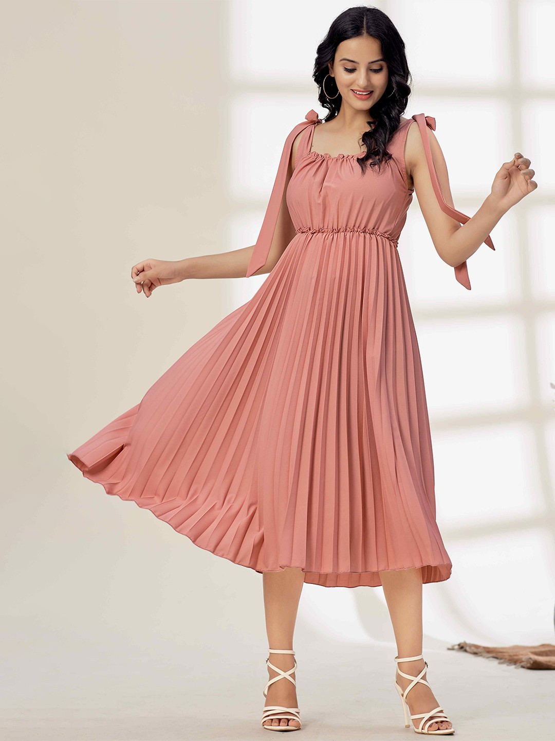

TextileNow Pleated Shoulder Tie-ups Dress, Peach