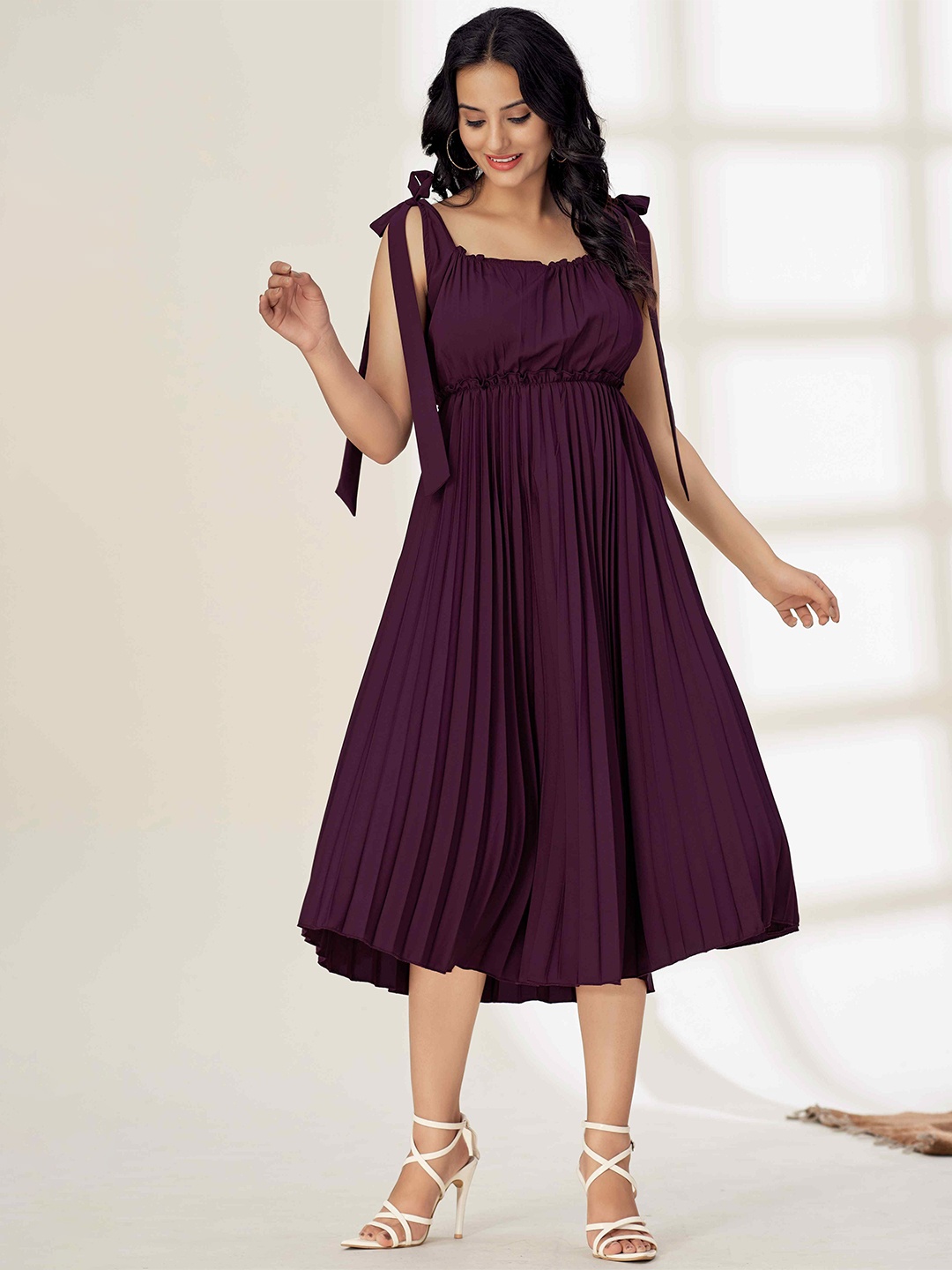 

TextileNow Pleated Shoulder Tie-ups Dress, Burgundy