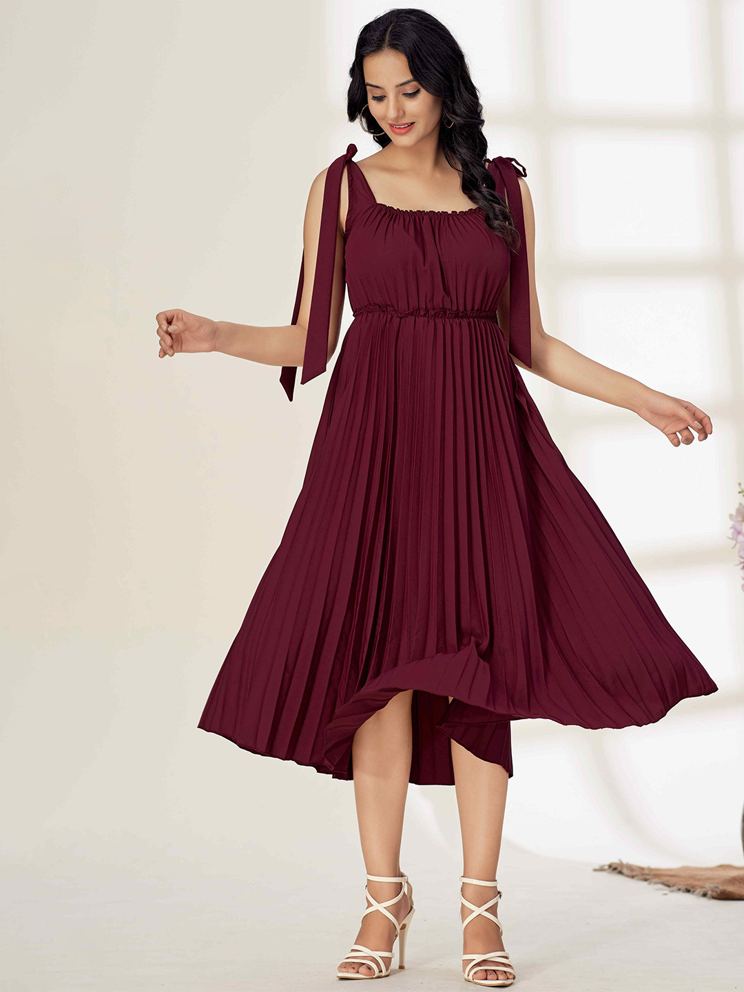 

TextileNow Women Pleated Shoulder Tie-ups Dress, Maroon