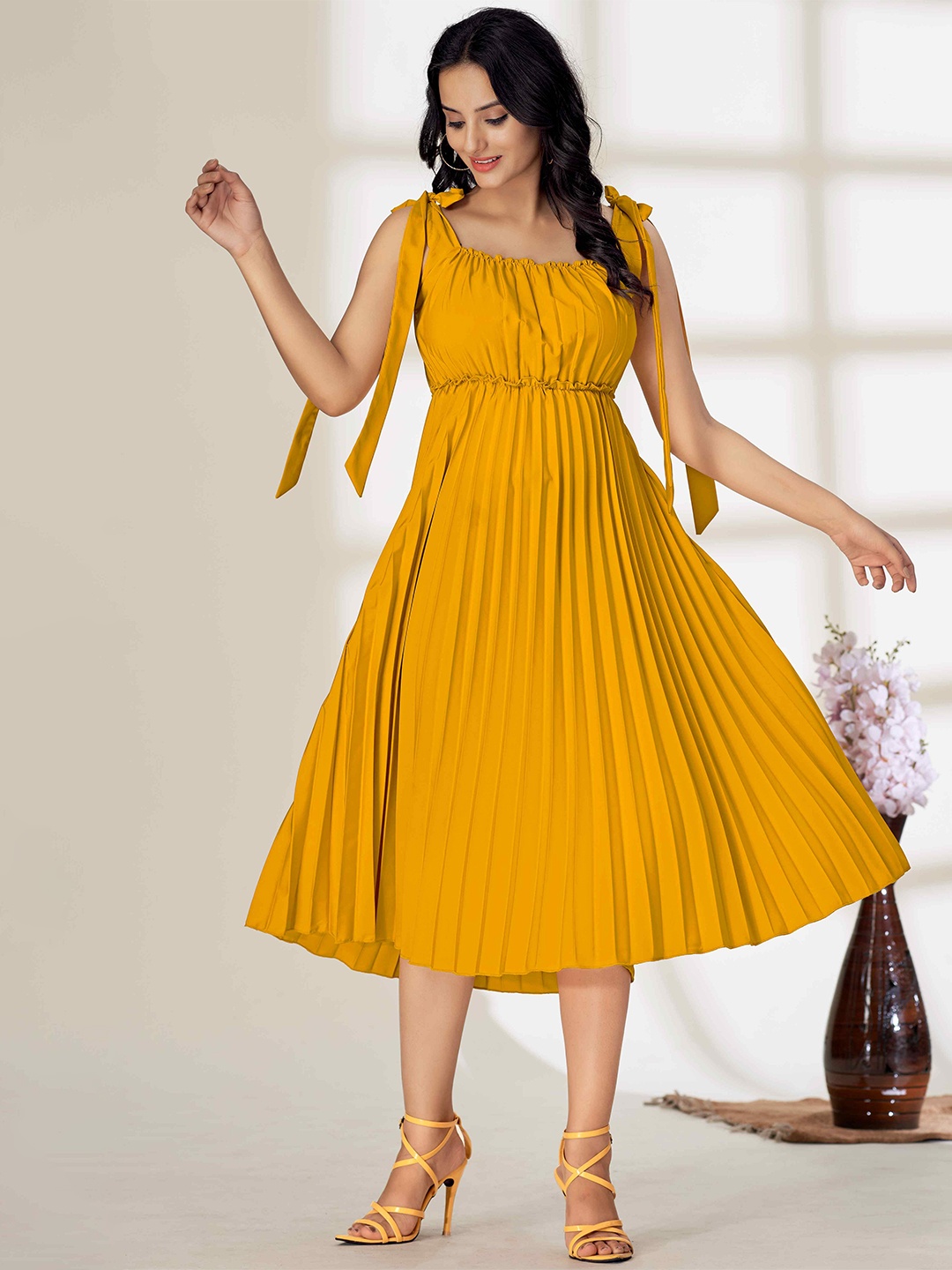 

TextileNow Women Pleated Shoulder Tie-ups Dress, Yellow