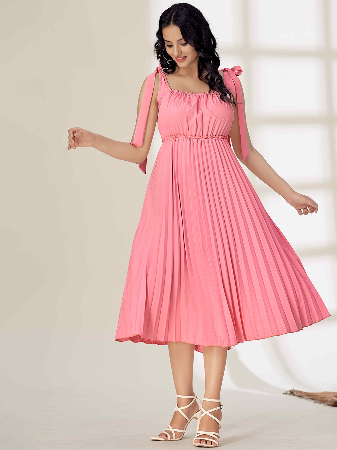 

TextileNow Women Pleated Shoulder Tie-ups Dress, Pink