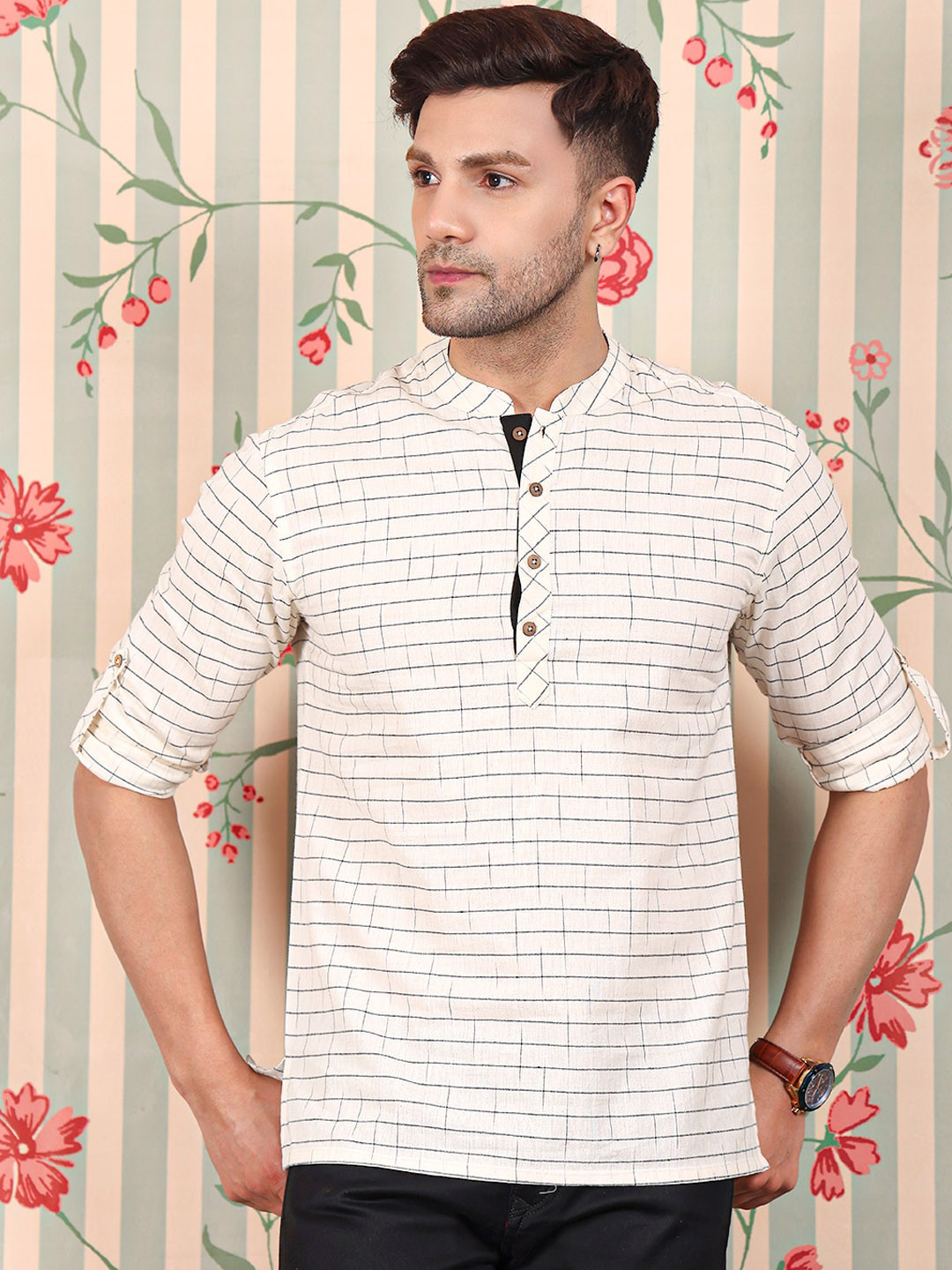 

Ode by House of Pataudi Printed Pure Cotton Mandarin Collar Kurta, Off white