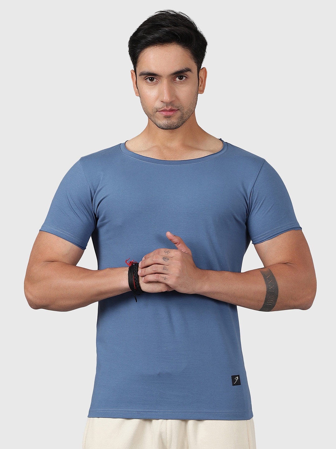 

FUAARK Round Neck Short Sleeves Anti Odour Slim Fit Cotton T-shirt, Blue