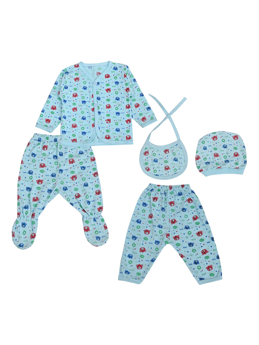 

LOOM LEGACY Infants 5-Pcs Printed Pure Cotton Apparel Gift Set, Turquoise blue