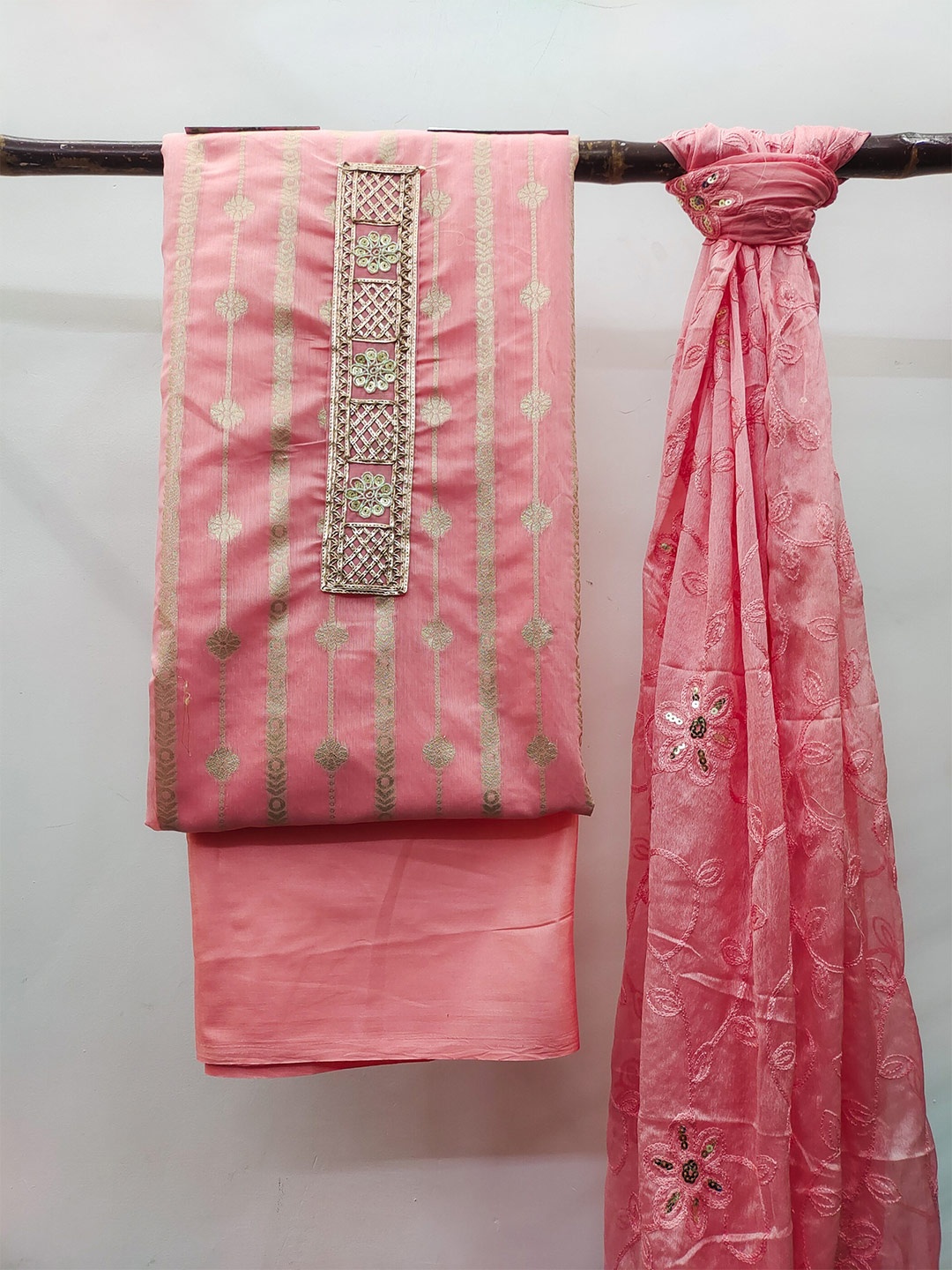 

MAHALASA Ethnic Motifs Embroidered Pure Cotton Unstitched Dress Material, Pink