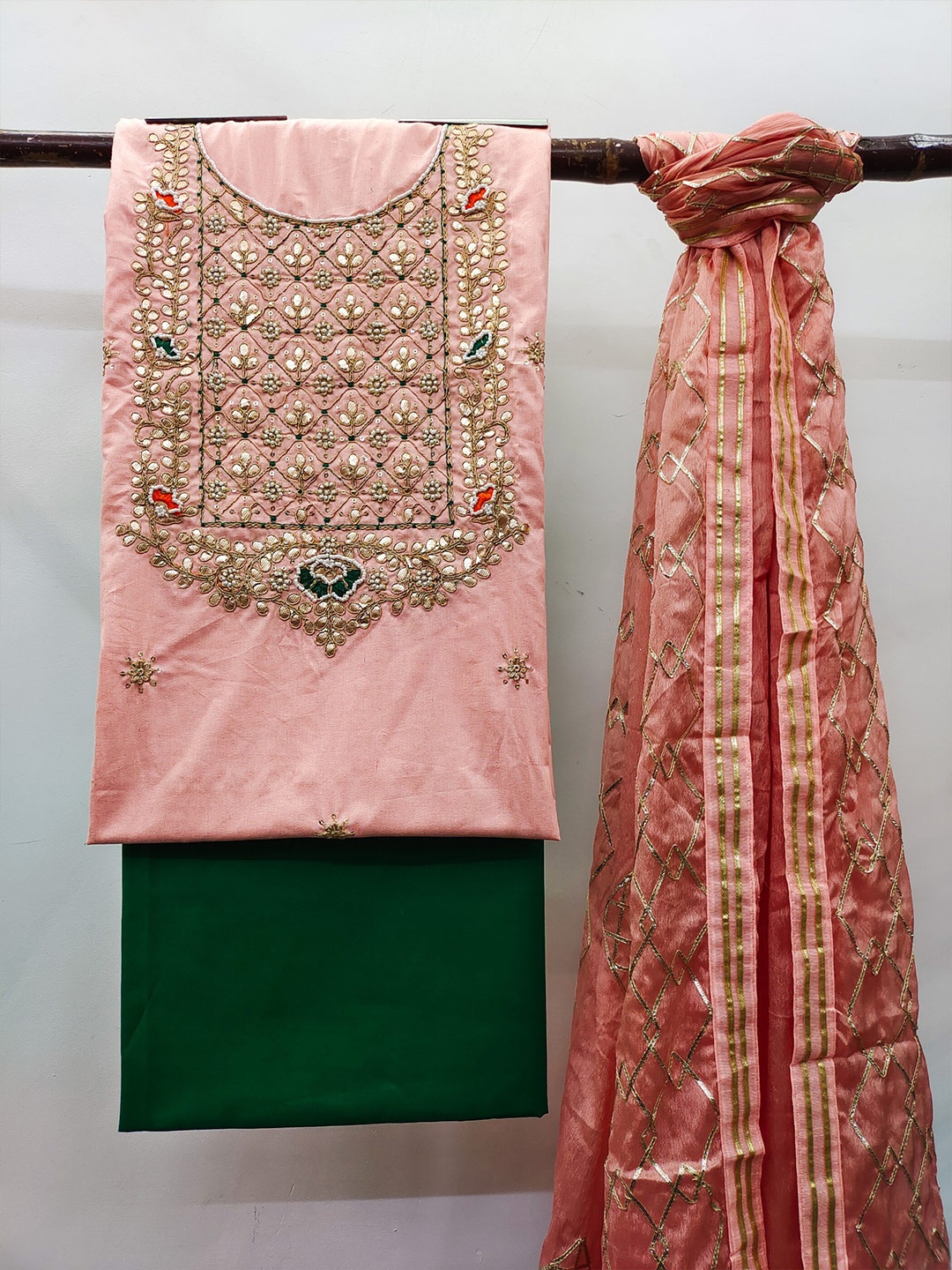 

MAHALASA Embroidered Pure Cotton Unstitched Dress Material, Peach