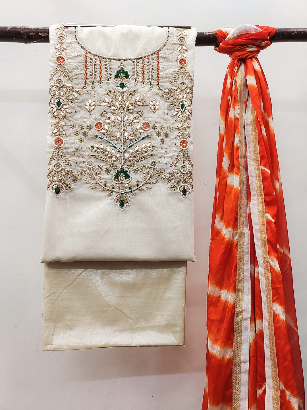 

MAHALASA Ethnic Motifs Embroidered Pure Cotton Unstitched Dress Material, White