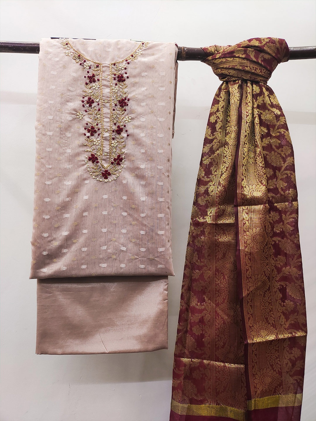 

MAHALASA Ethnic Motifs Embroidered Unstitched Dress Material, Brown