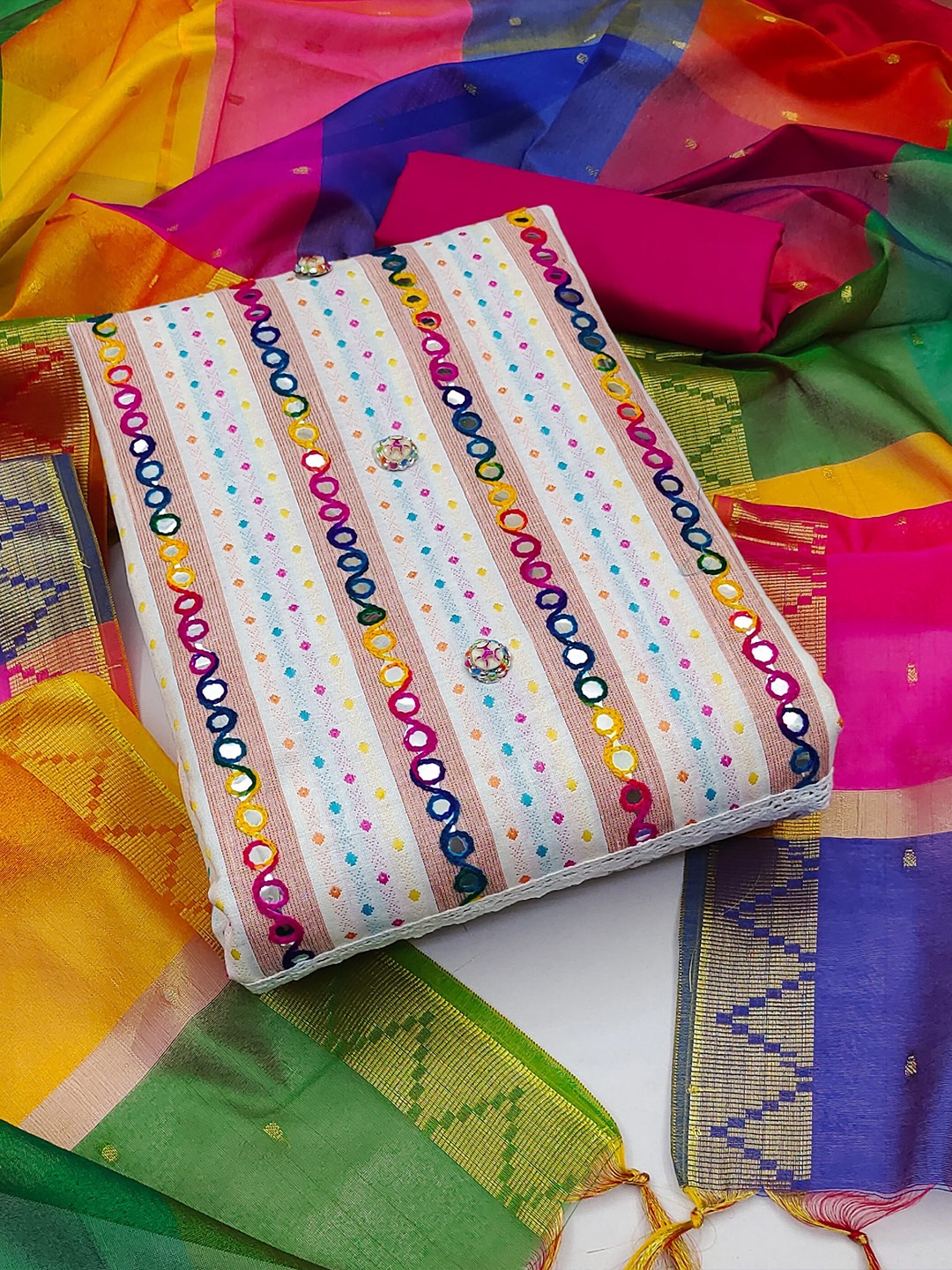 

MAHALASA Ethnic Motifs Woven Design Pure Cotton Unstitched Dress Material, Peach