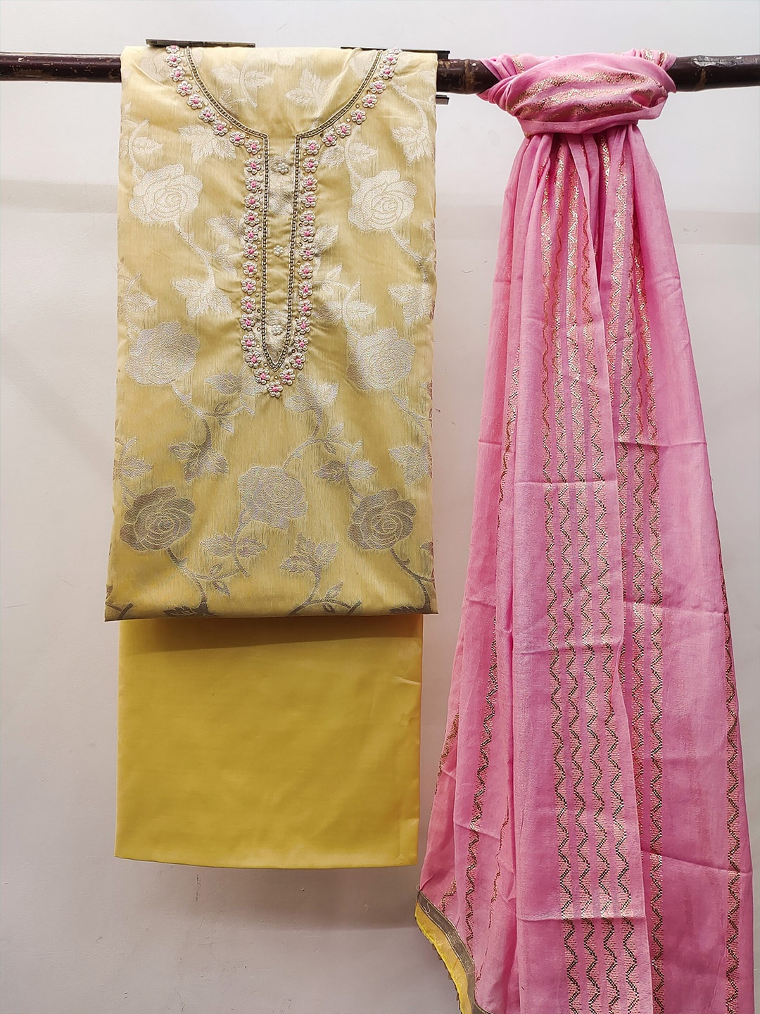 MAHALASA Ethnic Motif Woven Design Pure Cotton Unstitched Dress Material, Yellow