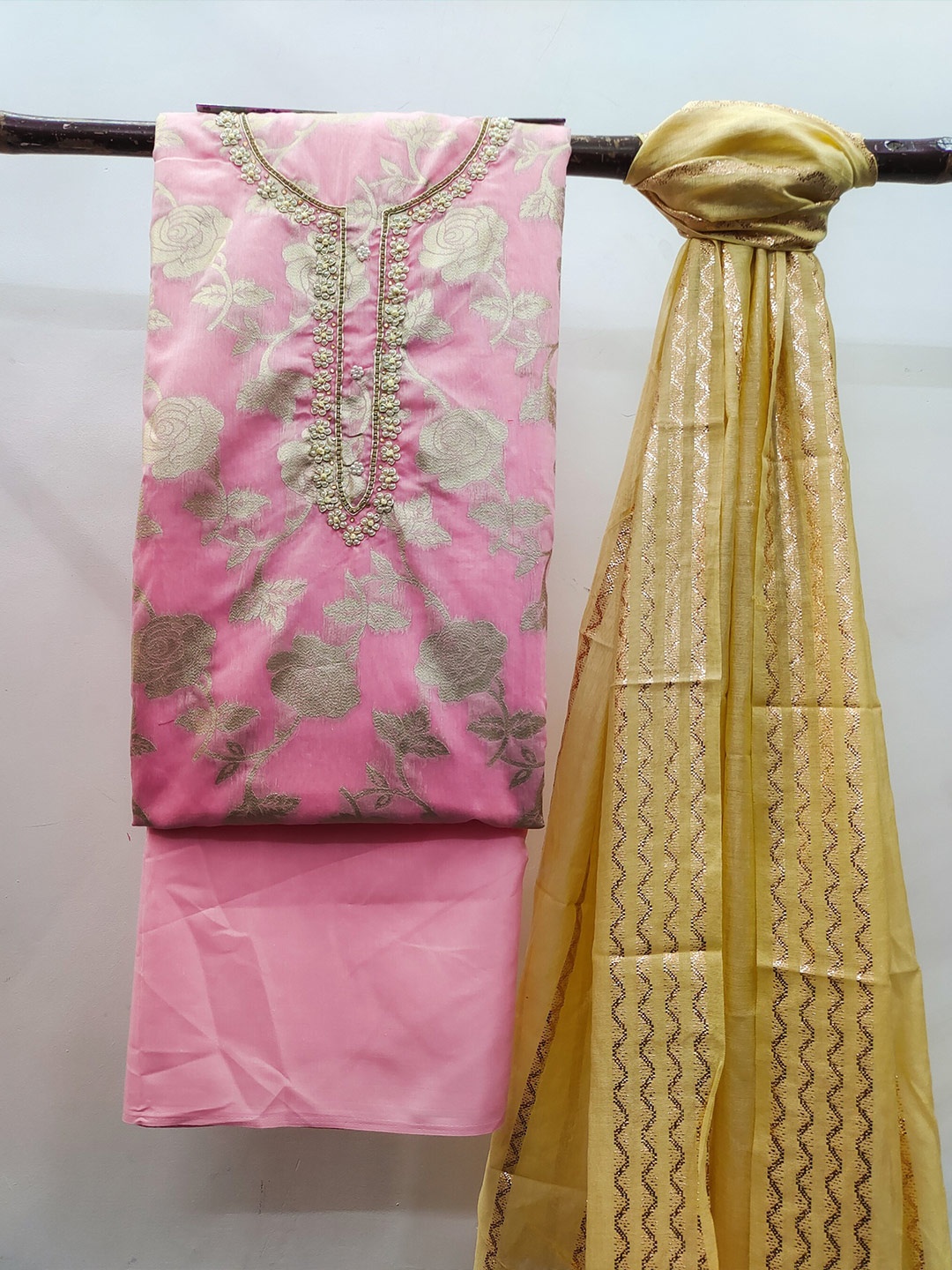 

MAHALASA Ethnic Motifs Embroidered Pure Cotton Unstitched Dress Material, Pink