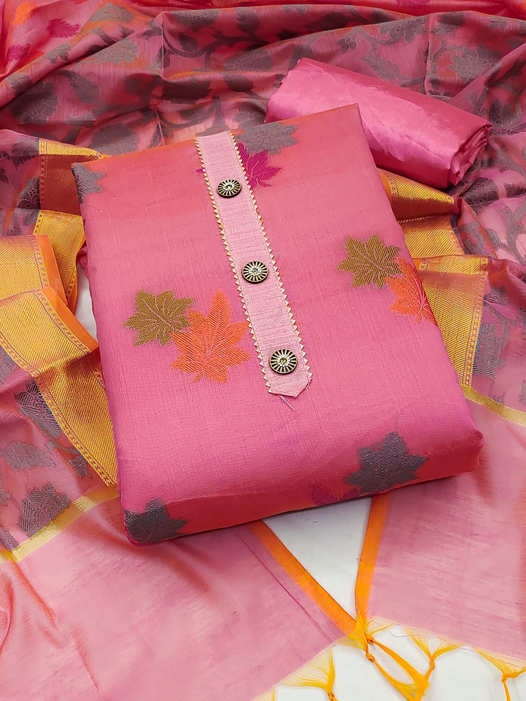

MAHALASA Ethnic Motifs Woven Design Pure Cotton Unstitched Dress Material, Pink