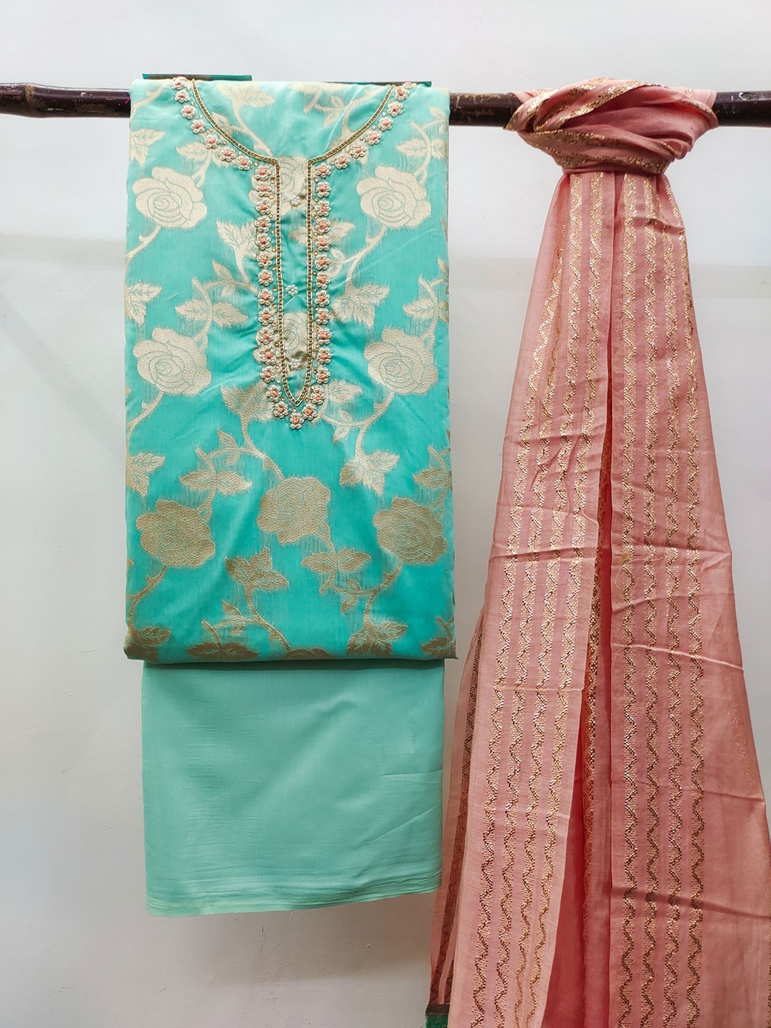 

MAHALASA Floral Woven Design Unstitched Dress Material, Sea green