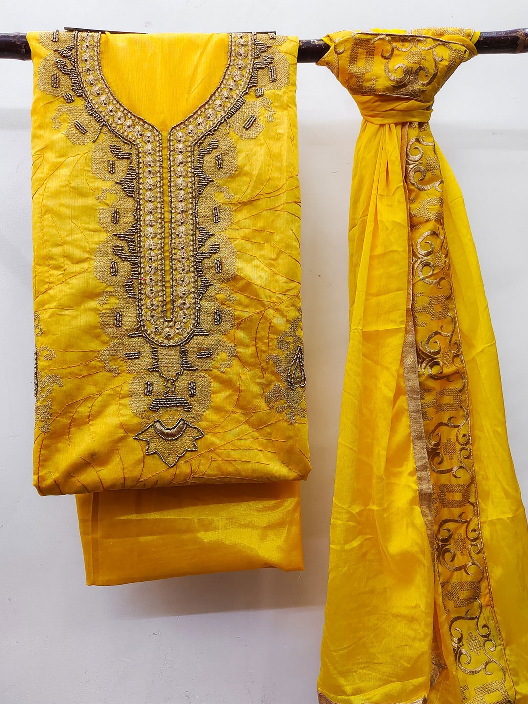 

MAHALASA Ethnic Motif Embroidered Pure Cotton Unstitched Dress Material, Yellow