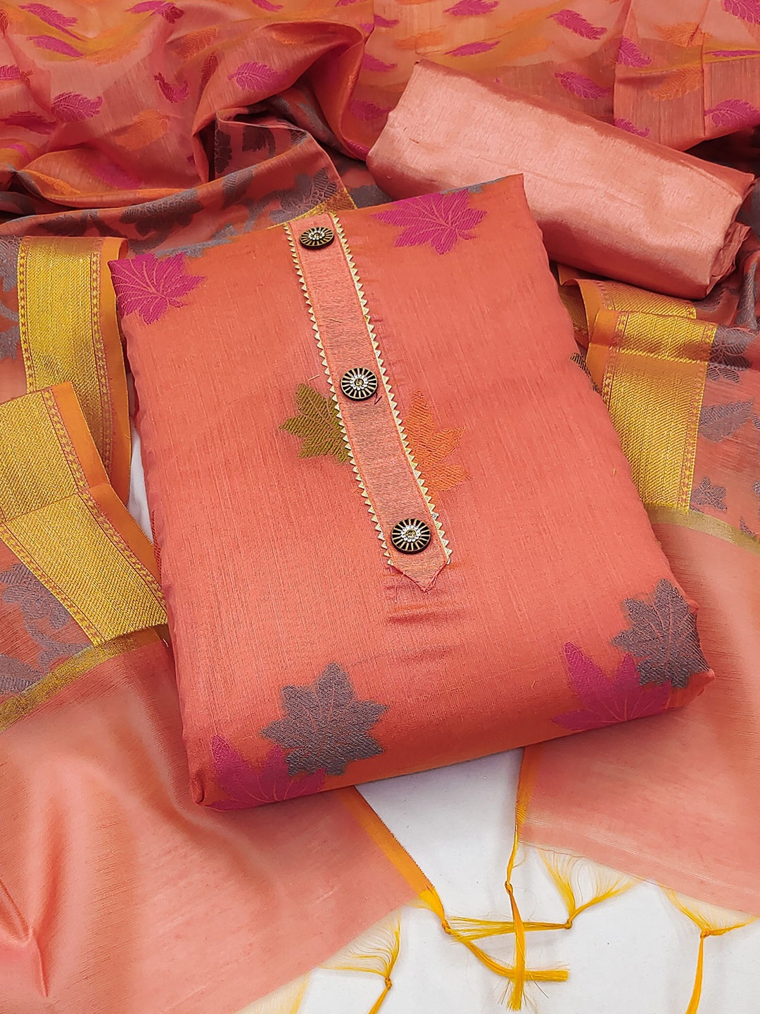 

MAHALASA Floral Printed Pure Cotton Unstitched Dress Material, Orange