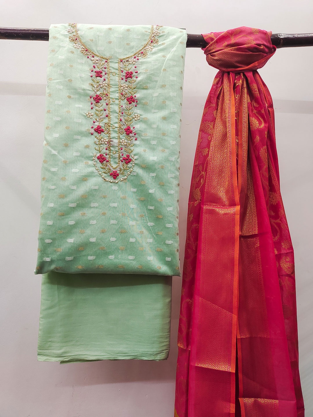 

MAHALASA Ethnic Motifs Woven Design Unstitched Dress Material, Lime green