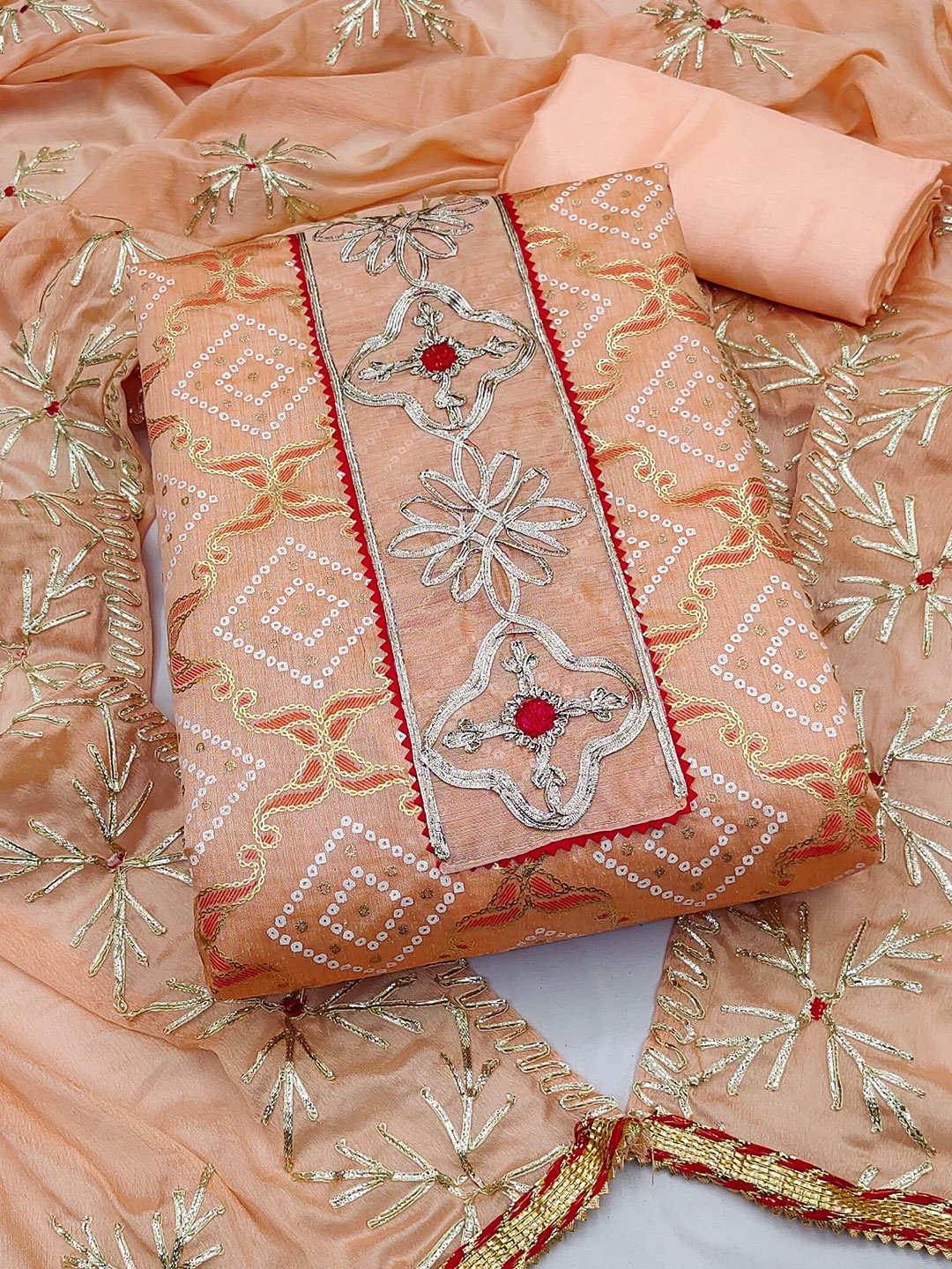 

MAHALASA Bandhani Embroidered Pure Cotton Unstitched Dress Material, Orange