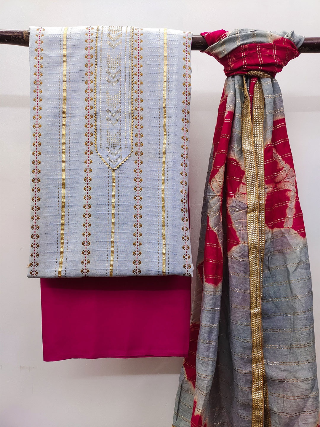 

MAHALASA Striped Embroidered Pure Cotton Unstitched Dress Material, Grey
