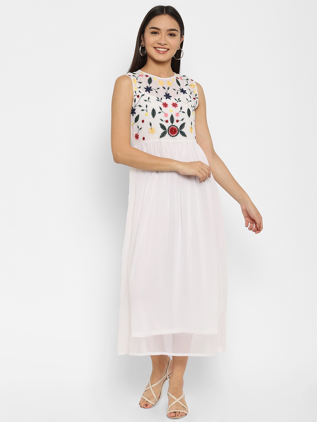 

HOUSE OF KKARMA Floral Tie-Up Neck Georgette Fit & Flare Midi Dress, White