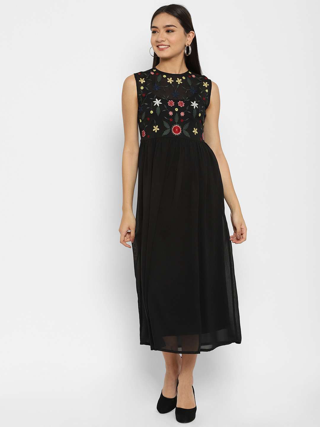 

HOUSE OF KKARMA Floral Georgette Fit & Flare Midi Dress, Black