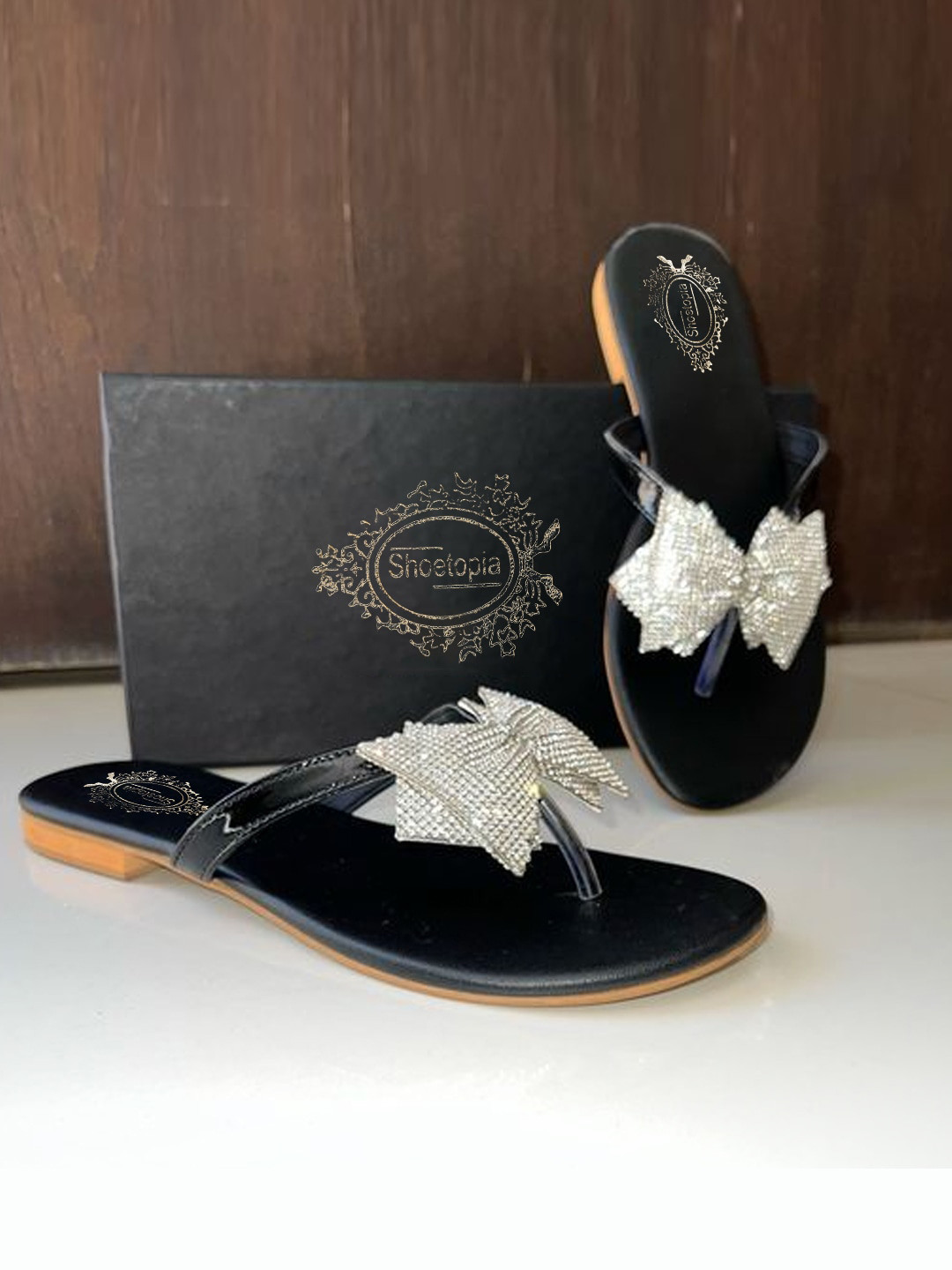 

Shoetopia Embellished Bow Detail Open Toe Flats, Black