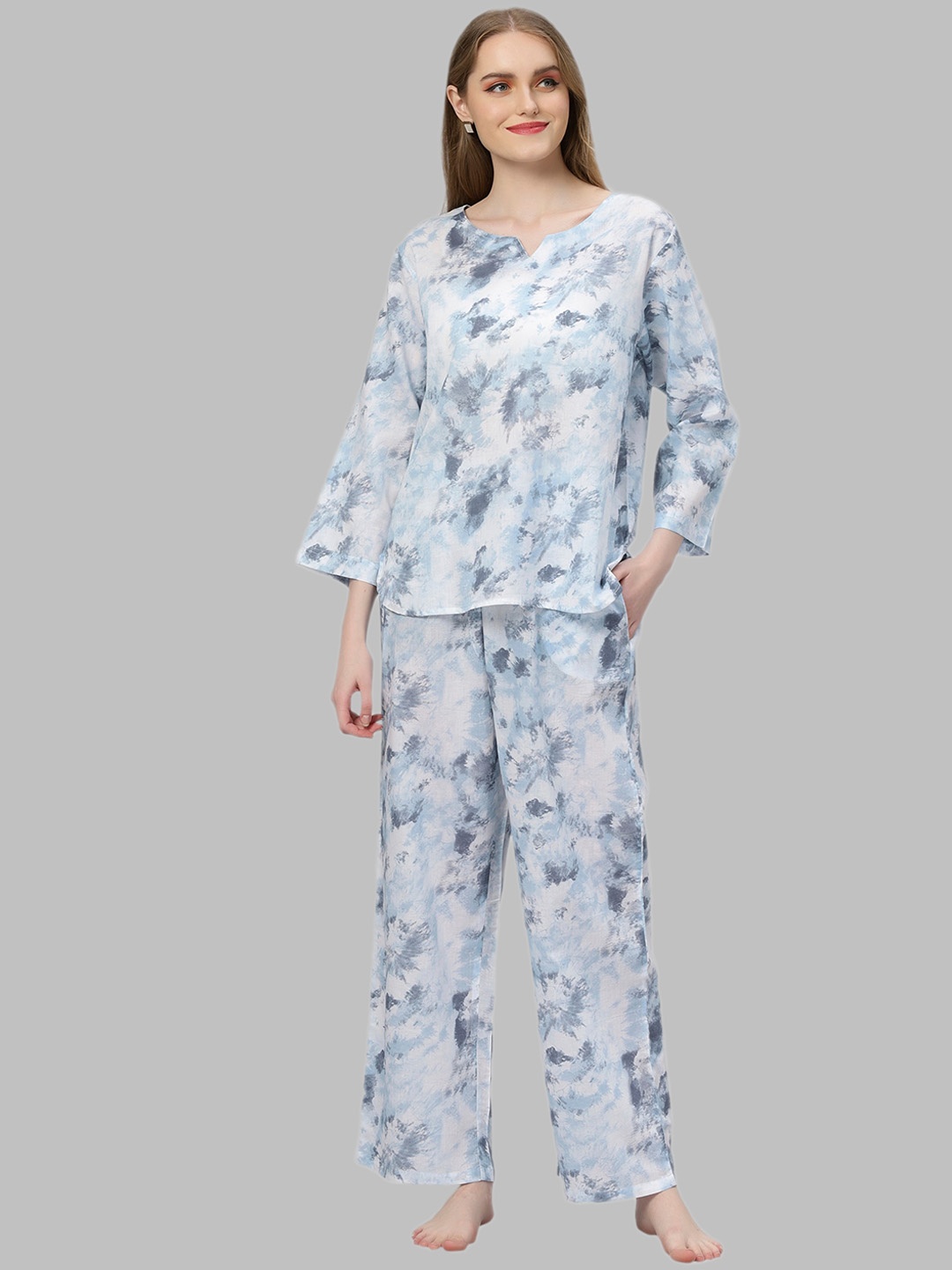 

Ashtag Tie and Dyed Pure Cotton Night suit, White