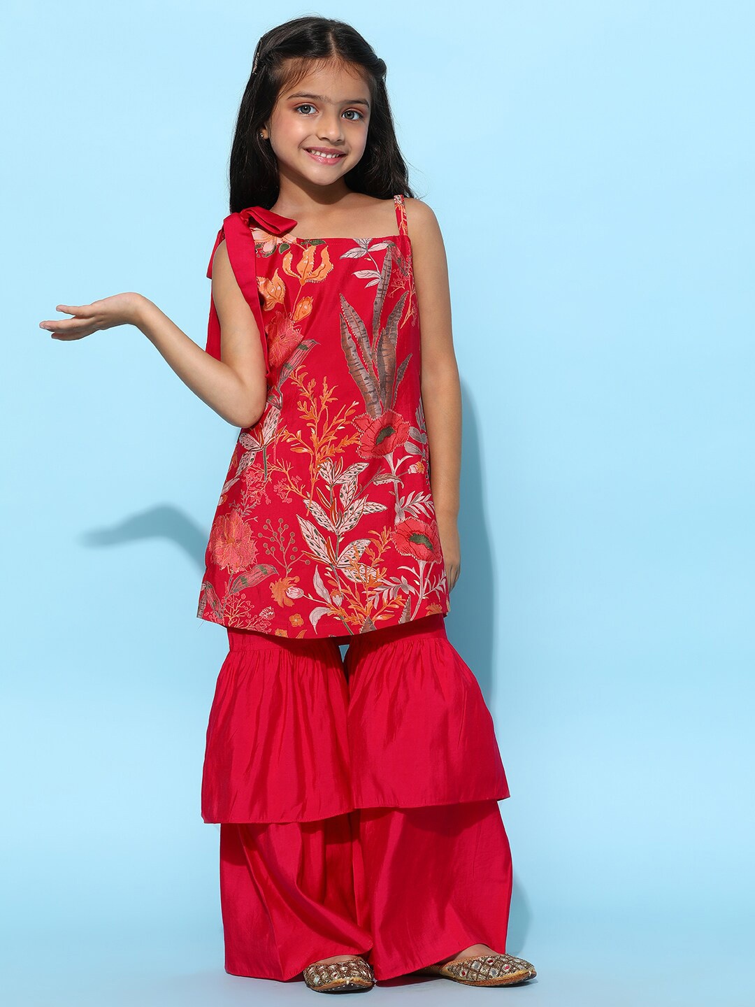 

TALES & STORIES Girls Printed Top with Palazzo, Red