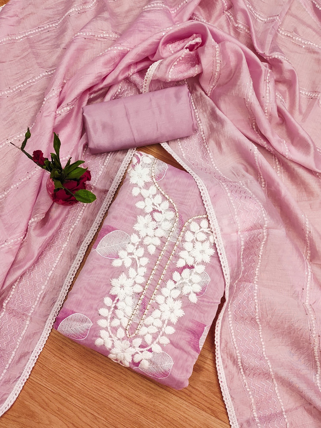 

KALINI Ethnic Motifs Embroidered Unstitched Dress Material, Pink