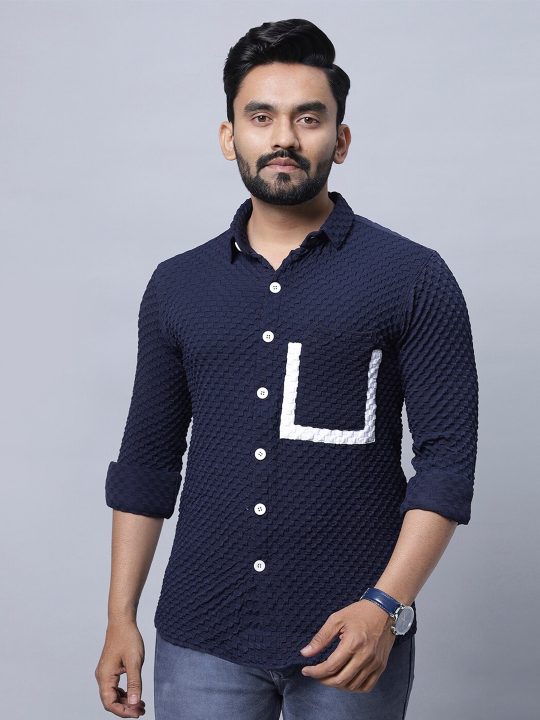 

N AND J Spread Collar Long Sleeves Self Design Checked Relaxed Regular Fit Casual Shirt, Navy blue