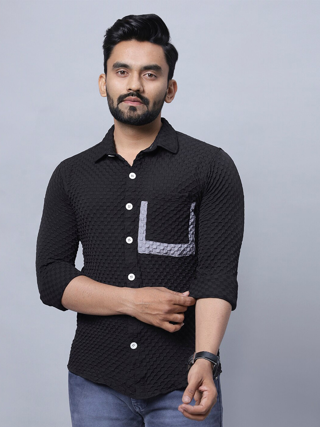 

N AND J Spread Collar Long Sleeves Self Design Relaxed Regular Fit Casual Shirt, Black