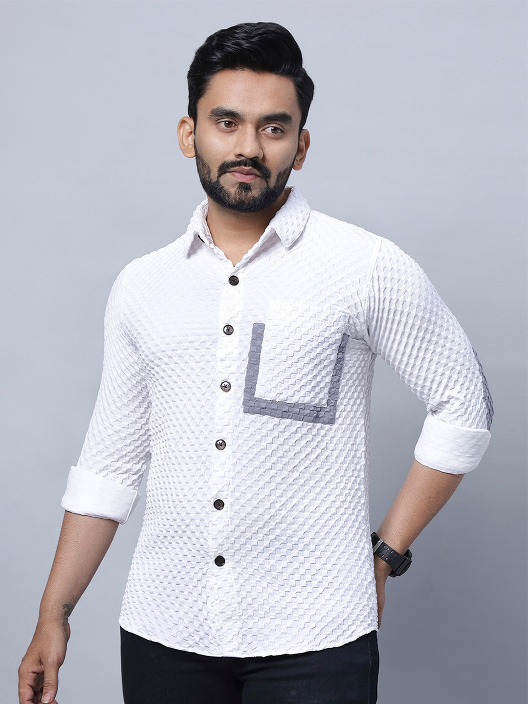 

N AND J Spread Collar Long Sleeves Self Design Relaxed Regular Fit Casual Shirt, White