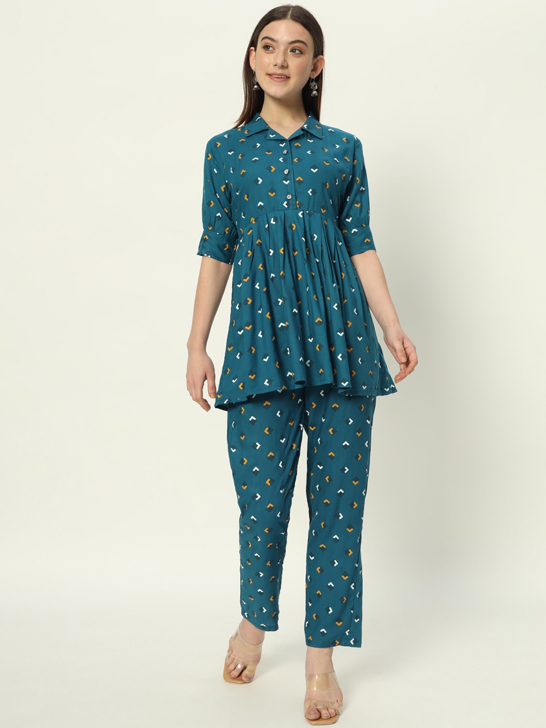 

Bachuu Printed Short Sleeves Top With Flared Trousers Co-Ords, Blue