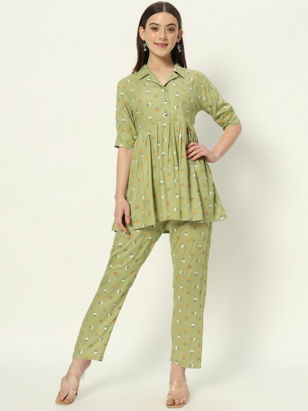 

Bachuu Printed Short Sleeves Top With Flared Trousers Co-Ords, Olive