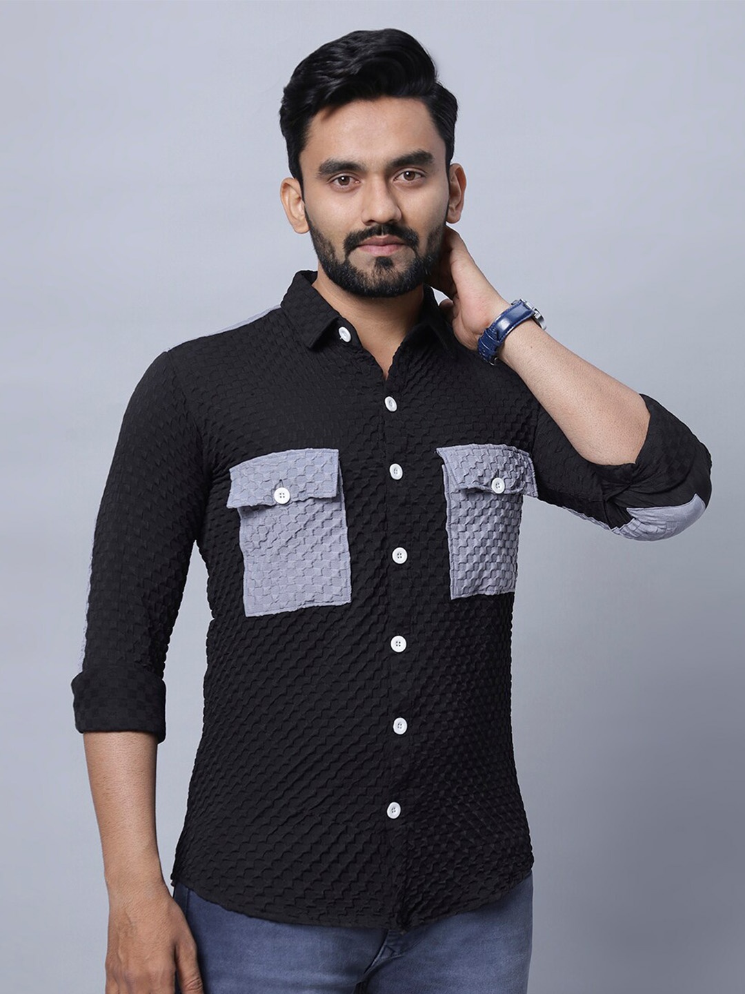 

N AND J Relaxed Spread Collar Casual Shirt, Black