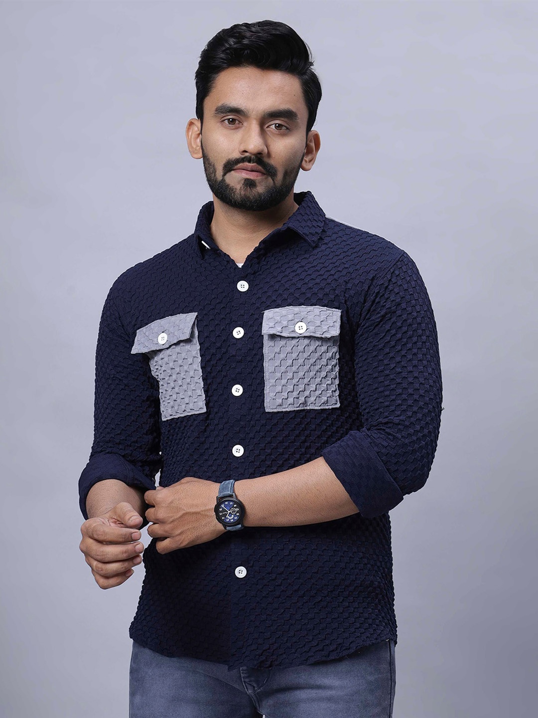 

N AND J Relaxed Spread Collar Casual Shirt, Navy blue
