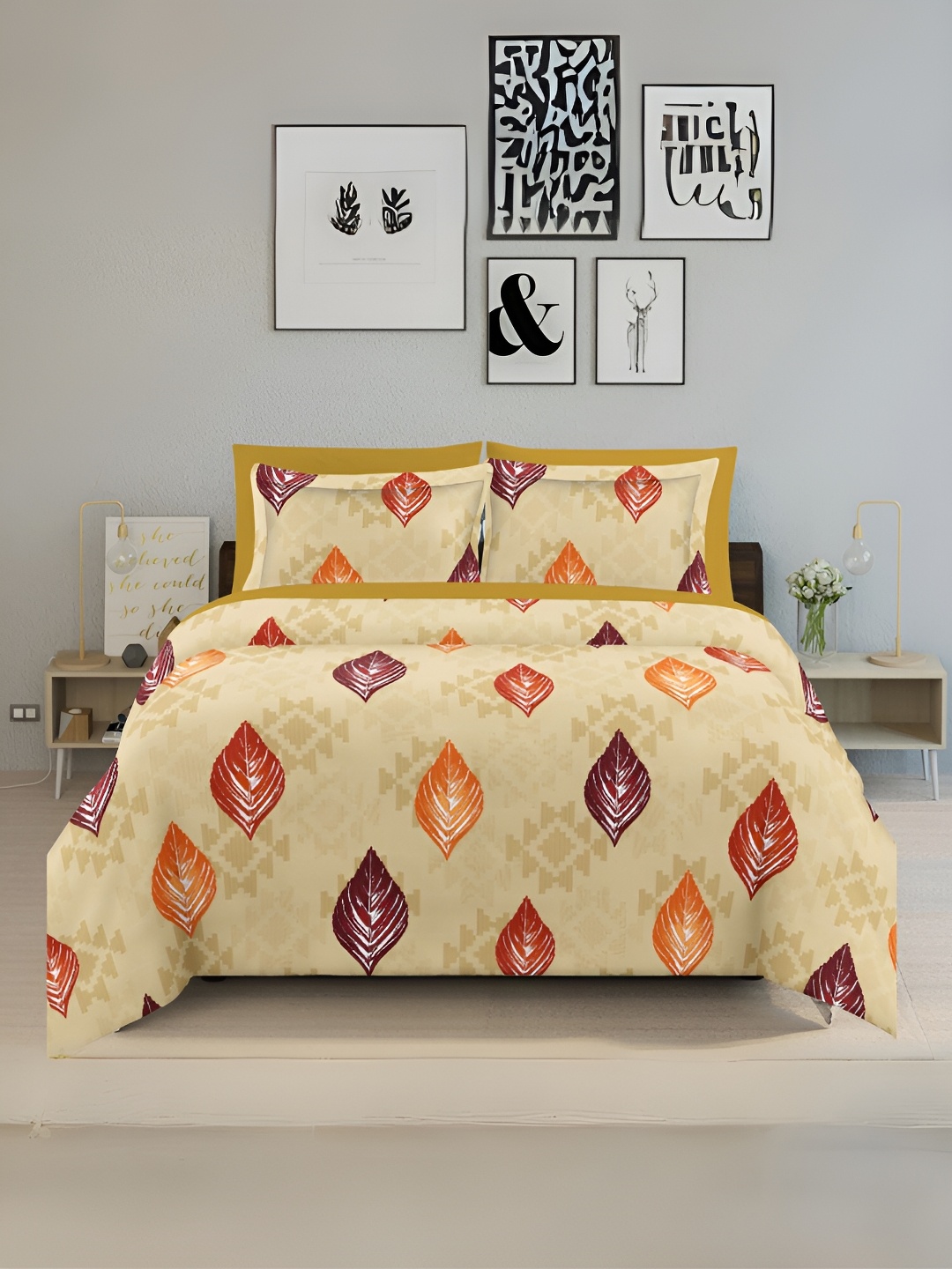 

borato Yellow & Orange Floral Cotton 150 TC Queen Bedsheet with 2 Pillow Covers