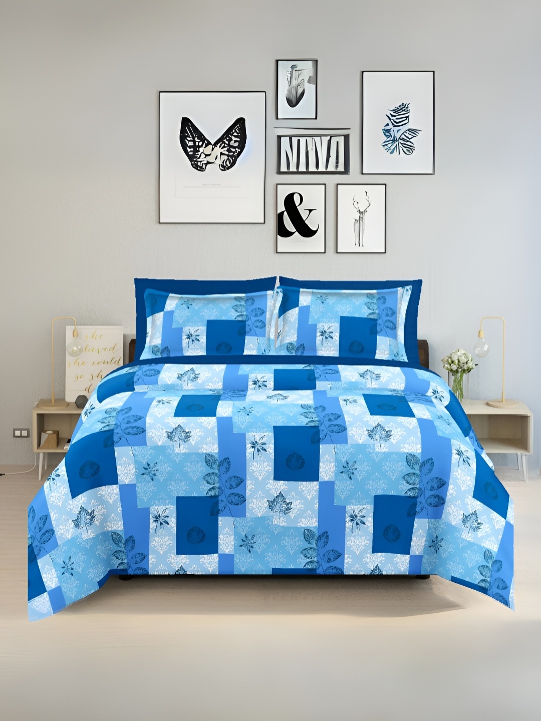 

borato Blue & White Floral Cotton 150 TC Queen Bedsheet with 2 Pillow Covers