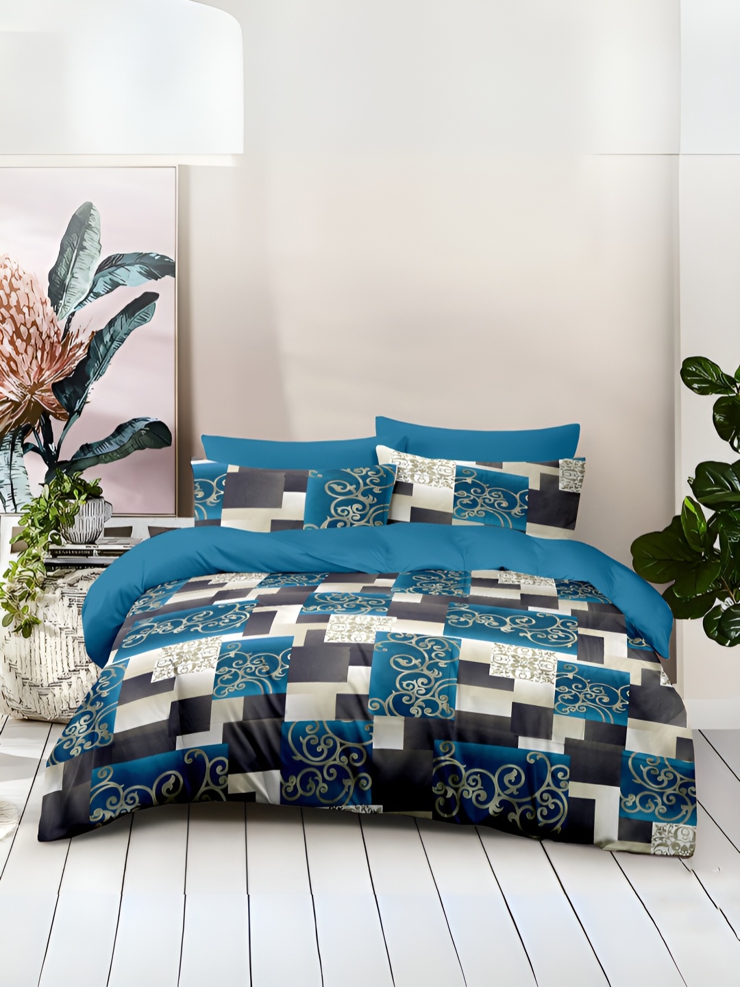 

borato Blue & White Abstract Cotton186 TC Queen Bedsheet with 2 Pillow Covers