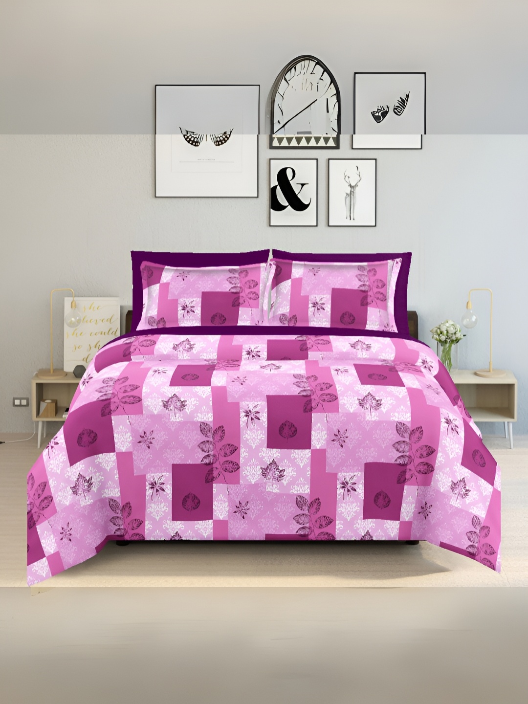 

borato Pink & Black Floral Cotton 150 TC Queen Bedsheet with 2 Pillow Covers