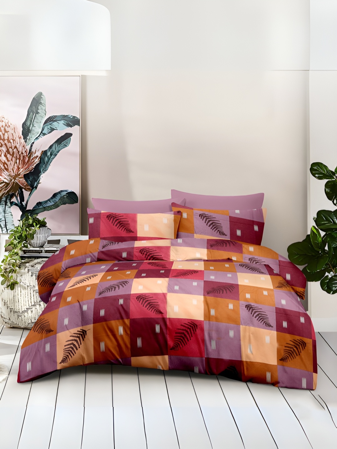 

borato Red & Mauve Geometric Cotton 186 TC Queen Bedsheet with 2 Pillow Covers